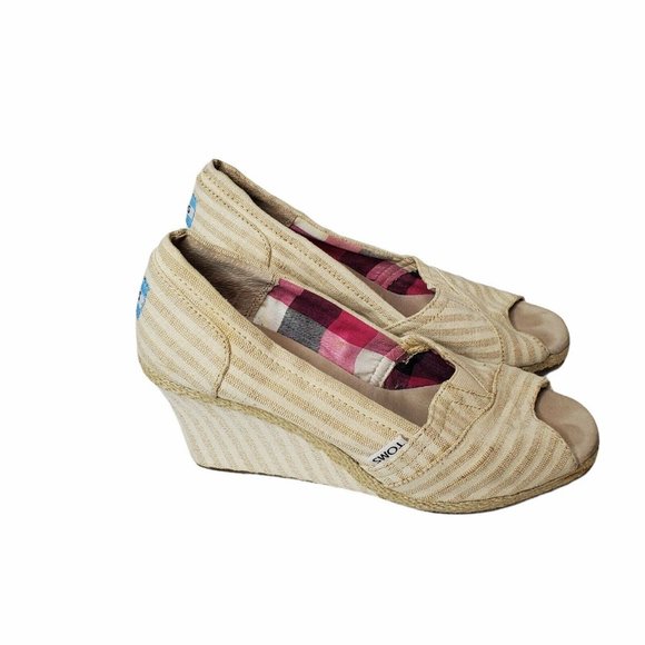 Toms Peep Toe Striped Canvas Espadrille Wedges 7.5 - Picture 6 of 12